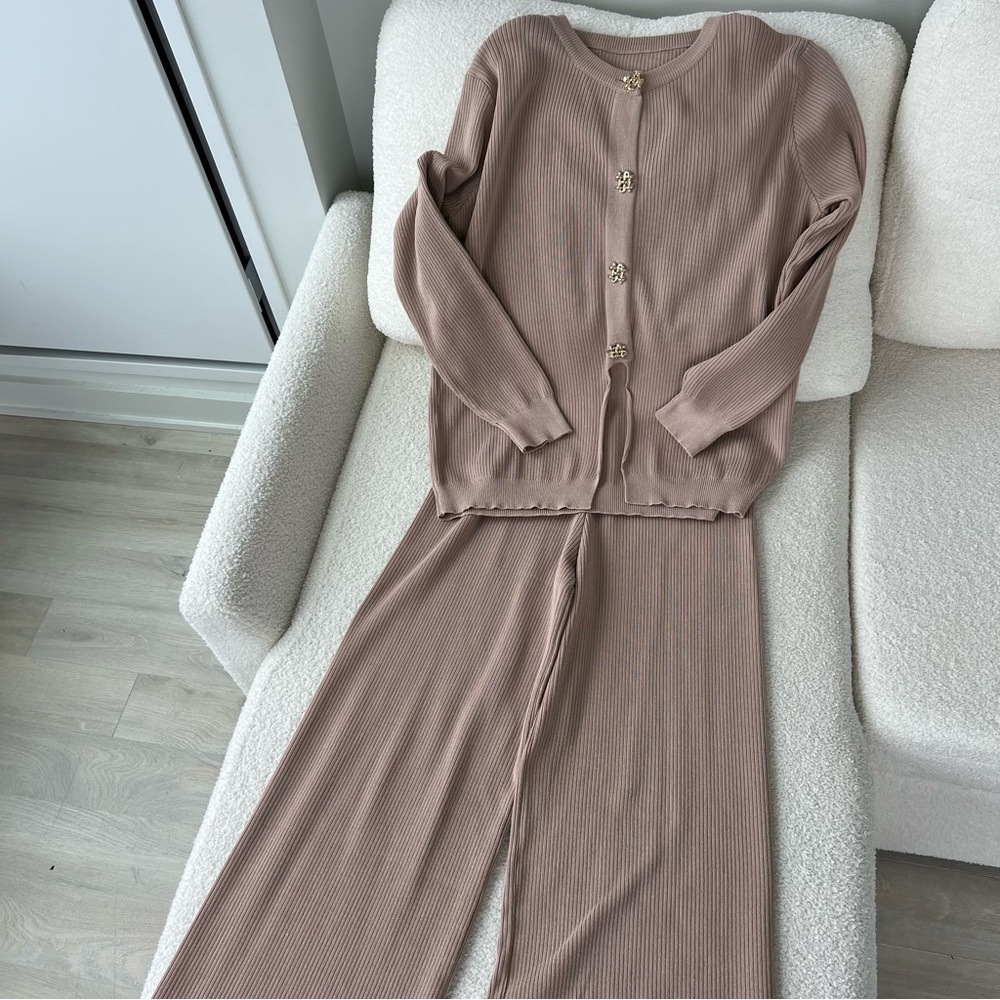Ribbed Knit Cardigan and Pants Set in Taupe